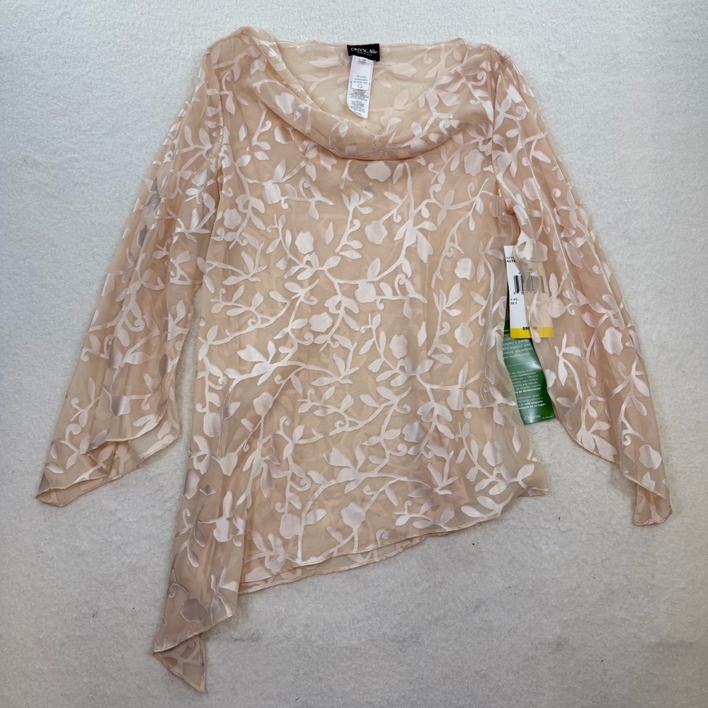 NWT Onyx Nite Peach Floral Fairy Drape Neck Long Sleeve Mesh Top Size 18